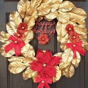 Christmas Handmade Red Flower Gold Wreath Home Office Decor Door Wall Hanger